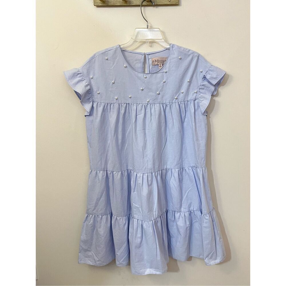 Philosophy Pale Blue Tiered Babydoll Dress Pearl Embellishment S